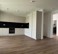 A spacious kitchen with a wooden decor floor in a family house.