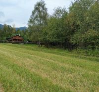 Recreational plots in Turany surrounded by trees and a wooden house in the distance.