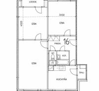 Floor plan of a 3-room apartment with a loggia and a hallway.
