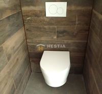 Bathroom with toilet and walls with wooden decor. Plots - commercial.