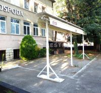 Commercial premises in Senica with parking, greenery, and a sign on the building.