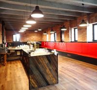 Commercial space with wood-patterned flooring, red seating, and industrial lighting.