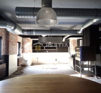 Interior of commercial spaces with visible brick wall and HVAC on the ceiling.