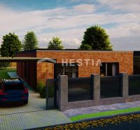 A family house in Hlboké, brick facade, car parked under a pergola, green trees.