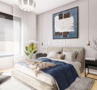 A bright bedroom with a large window, a painting, and a bed, a family house, floor with wooden decor.