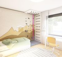 Children's room with a climbing wall and furniture in a family house on a floor with a wooden decor.