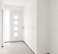 A hallway in a family house with white walls and glass entrance doors.