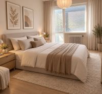 A bedroom in a family house with a wooden floor decor, light curtains, and paintings.
