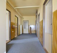 A hallway with light walls and a gray carpet in a family house.