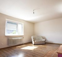 Living room in a family house with a wooden decor floor and a two-seater sofa.