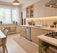 A kitchen in a family house with a dining table and a wooden decor floor.