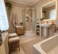 A bathroom in a family house with a modern shower and fresh greenery.