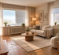 Living room with furniture and wooden decor flooring in a family house, cozy atmosphere.