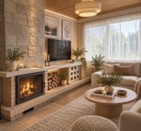 Living room in a family house with a fireplace, cozy couch, and wood-burning stove.