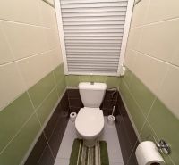 Bathroom with a toilet in a 2-room apartment, tiled with green and cream tiles.
