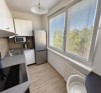 A kitchen in a 2-room apartment with white cabinets and a wood-patterned floor.