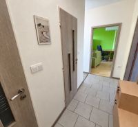 A hallway in a 2-room apartment with tiles and a view of the living room.