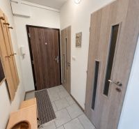 Entrance hall in a 2-room apartment with tiles and wooden furniture.
