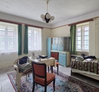 A living room in a family house with retro furniture and large windows.