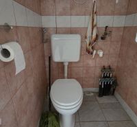 A bathroom with pink-gray tiles and toilet paper in a family house.