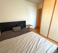 Bedroom in a 2-room apartment with a bed, cabinet, and floor with wood decor.