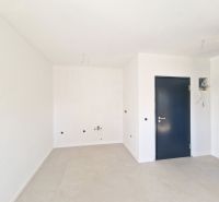 Empty room with neutral flooring and a door in a three-room apartment.