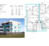 Floor plan and visualization of a 3-bedroom apartment in the city of Privlaka with a terrace and parking.