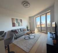 Living room in a two-room apartment with a sofa, balcony, and wooden decor flooring.