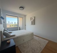 Simple bedroom with a large bed, a painting, and a view. Floor with wooden decor.