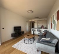 Living room of a two-room apartment with a wooden decor floor, a sofa, and a television.