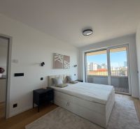 A bright bedroom in a two-room apartment with wood-patterned flooring and a balcony.