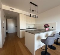 A kitchen in a 2-room apartment with a central island and a wooden-patterned floor.