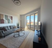Living room in a two-room apartment with a wooden decor floor, large window, and sofa.