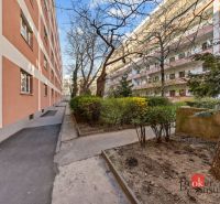 View of the apartment building and garden on Šancová Street in Bratislava-Nové Mesto.