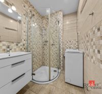 A bathroom in a 3-room apartment with mosaic tiles, a shower corner, and a washing machine.