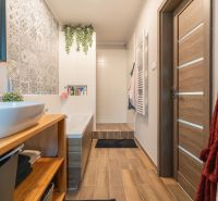 Bathroom in a 3-room apartment with a wooden decor floor and tiles with ornaments.