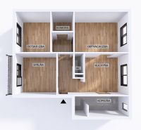 Floor plan of a 3-room apartment with wood decor flooring, showing the rooms: bedroom, children's room, living room, bathroom, and kitchen.