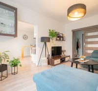 Living room with a sofa, TV, lamp, and wooden decor flooring in a 3-room apartment.