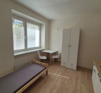 Studio apartment with a table, chairs, bed, and floor with wood decor.