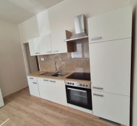 A kitchenette in a studio apartment with white cabinets and a wooden decor floor.