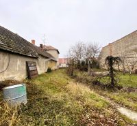 The backyard of a family house in Borský Svätý Jur with a lawn and older buildings.