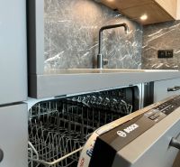 A kitchen unit in a 2-room apartment with an open dishwasher and gray cabinets.
