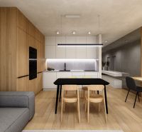 Kitchen and dining area in a 2-room apartment with a wooden decor floor.