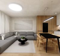 Living room in a two-room apartment with a comfortable sofa and a dining table.