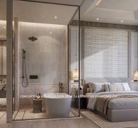 Luxury bathroom and bedroom in a 3-room apartment with wood-patterned flooring.
