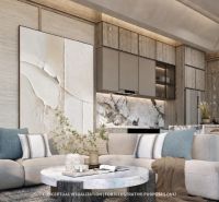 Living room with wood-patterned flooring, a comfortable sofa, and an artistic wall in a 3-room apartment.