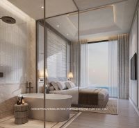 A bedroom with a glass wall, a bathtub, and a wooden decor floor in a 3-room apartment.