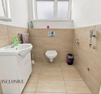 White bathroom in offices with a sink, mirror, and toilet, floor with wooden decor.