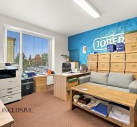 Offices with a sofa, boxes, and a printer, wooden decor flooring, blue wall.