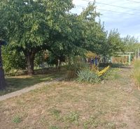 A garden in Nesvady with large trees, a hedge, and a wooden gazebo.